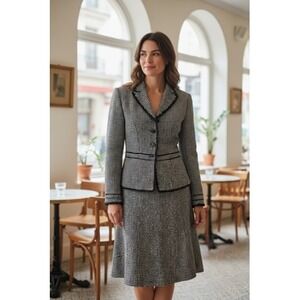 Talbots Wool Jacket Skirt Set Womens 4 Boucle Tweed Black White Career Workwear